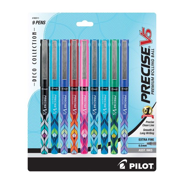 PILOT, Precise V5 Deco Collection, Capped Liquid Ink Rolling Ball Pens, Extra Fine Point 0.5 mm, Assorted Colors, Pack of 9