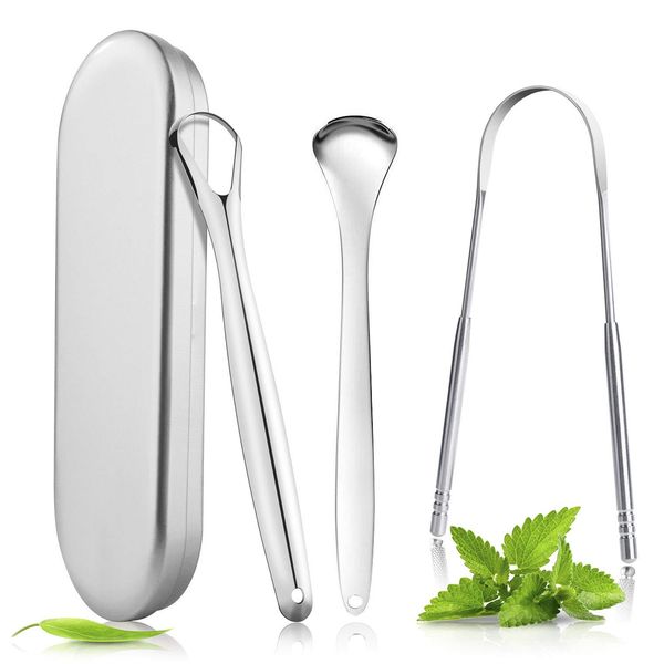 BOENFU Zungenreiniger Edelstahl, 3 Stück Zungenschaber Set, Silber Tongue Scraper für Erwachsene Mundpflege Cleaner, Gegen Mundgeruch Heilt Schlechten Atem