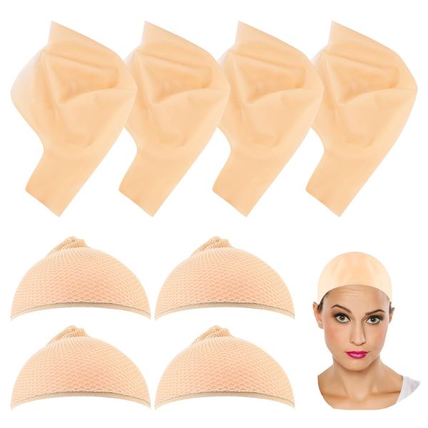 QUACOWW 4 Packs Halloween Makeup Latex Bald Caps with 4 Nylon Wig Caps, Makeup Professional Bald Cap for Halloween Party Adult Costume Accessories