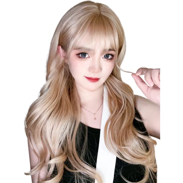 Limakara Wig, Long, Curly Hair, Blonde, Semi-Long, Curly, Full Wig, Women's, Cosplay, Gal, Natural, Harajuku Style, Small Face, Popular, Heat Resistant Wig, Fashion, Net/Comb Included, Gold