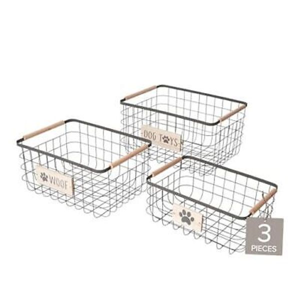 Dog Toy Storage Baskets – Set of 3 Rectangular Metal Organizer Bins for Pet