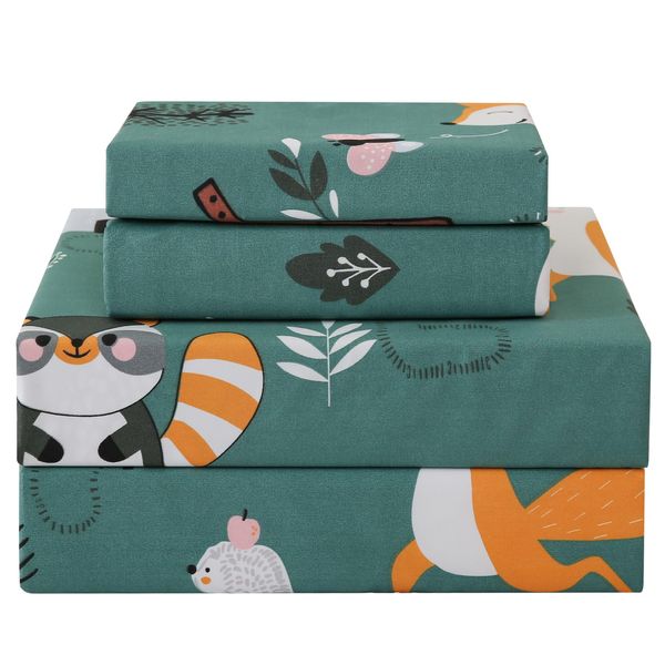 JSD Green Animal Forest Kids Sheet Set Twin 3 Piece, Cute Printed Microfiber Bed Sheets for Girls Deep Pocket