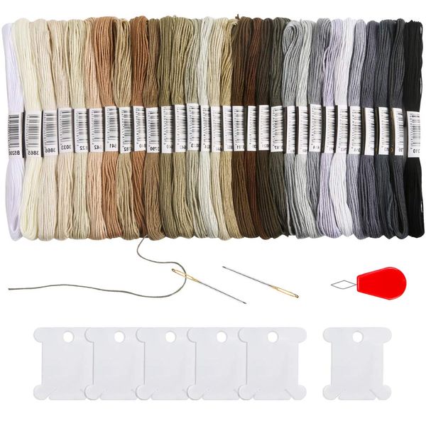 Pllieay 30 Skeins Friendship Bracelets Floss, Black to White Gradient Grey Embroidery Floss, Cross Stitch Threads with 6 Floss Bobbins, 2 Embroidery Needles and Needle Threader