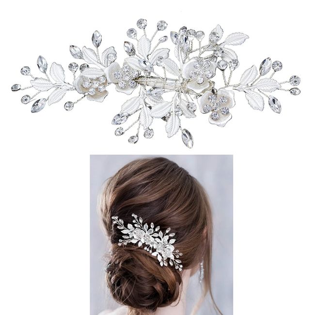 Wedding Hair Clip Rhinestone Bridal Hair Accessories Flower Hair Clip for Bride Bridesmaid Silver Handmade Flower Hair Pins Head Pieces for Women and Girls Hair Piece (Sliver)