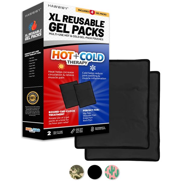 Hawwwy XL Gel Hot Cold Gel Packs Ice Packs Heat Pads Perfect for Sore Muscles and Pain in Shoulder Neck Wrist Arms Knee Legs Ankle Headaches Migraines Postpartum (XL 2-Pack Black)