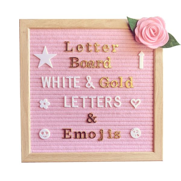 Pink Felt Letter Board 10x10 Inches – Changeable Message Board Includes Pink Felt Flower, 335 White Letters & Emojis, 126 Shiny Gold Letters & Emojis, Wall Hanging Hook, Oak Frame, & Canvas Bag