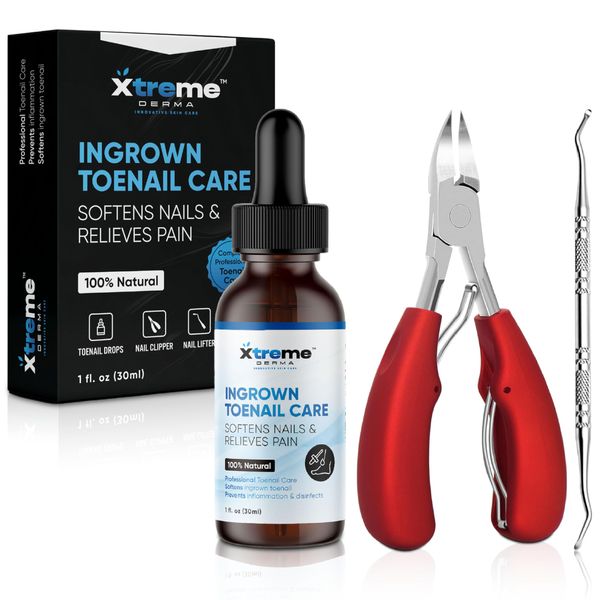 Xtreme Derma Ingrown Toenail Treatment - Complete 3 in 1 Ingrown Toenail Removal Kit + Pain Relief - Includes Ingrown Toenail Drops - Clippers - Nail Lifter - 100% Natural