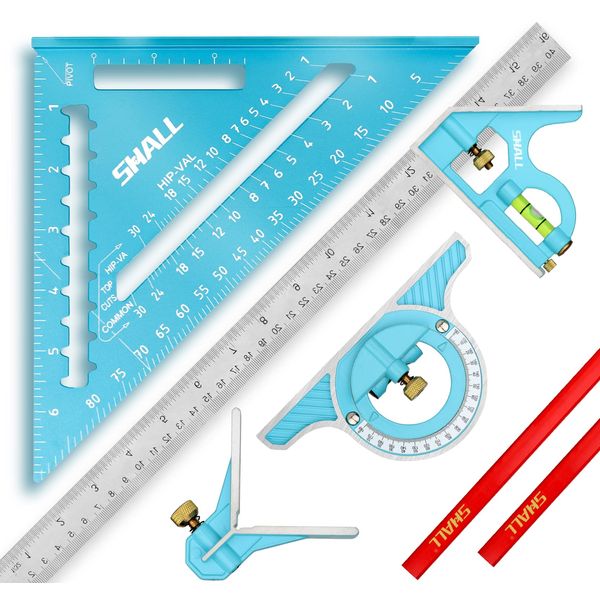 SHALL Rafter Square & Combination Square Tool Set, 7 Inch Aluminium-Alloy Carpenter Square & 16 Inch Zinc-Alloy Woodworking Framing Square Combo w/Stainless Steel Ruler, 2 Carpentry Pencils, Scriber