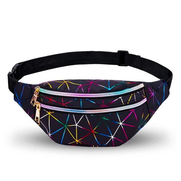 Waist Bag hirsrian Holographic Fanny Pack Waist Belt Bags PU Leather Bumbags Waterproof Lightweight Hip Pouch for Ladies Women(Black