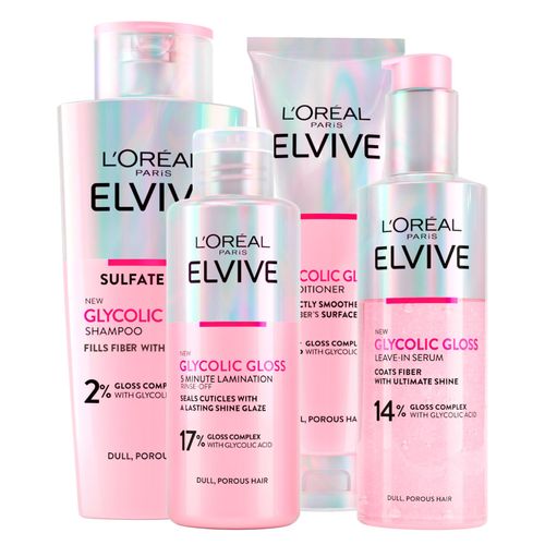L'OREAL PARIS Elvive Glycolic Gloss Conditioner (150 ml) + Shampoo (200 ml) + Rinse-free Serum (150 ml) + 5 Minute Laminating Treatment (200 ml), for Dull and Porous Hair, 4 Bottles