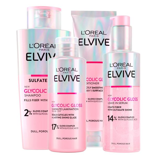 L'OREAL PARIS L'Oréal Paris Elvive Glycolic Gloss Conditioner 150 ml + Shampoo 200 ml + Serum ohne Ausspülen 150 ml + Laminierbehandlung 5 Minuten à 200 ml für stumpfes und poröses Haar - 4 Flaschen