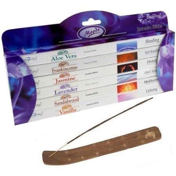 Moods Incense Sticks 6 Pack Gift Set by Stamford PLUS Wooden Incense Holder