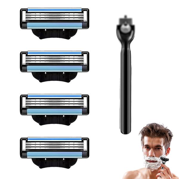 4Pcs Razor Blades Refills with 1 Handle Razors Blades Replacement Blade with Double Lubrication Strip Handles Shaving Manual Shaver Blade Men Father Boyfriend