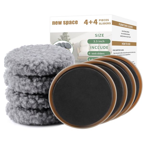 new space 3.5" Furniture Sliders, Multi-Surface Reusable Moving Pads for Furniture, 4 Pack Furniture Movers for Carpet + 4 Hardwood Socks - Protect Floor and Move Your Furniture on Any Surface Easily!