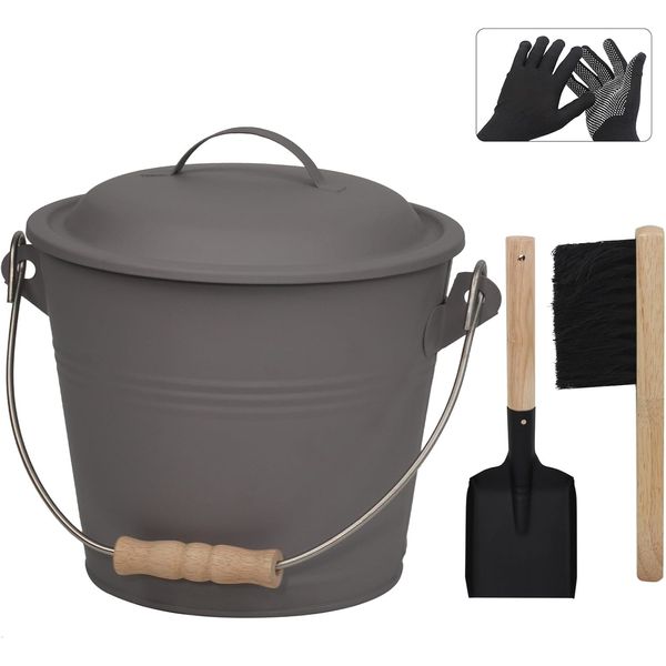 Ash Bucket with Lid, 1.3 Gallon Metal Bucket Fireplace, Includes Shovel & Broom