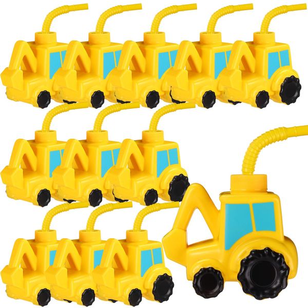 Tanlade 12 Set 12 Set Excavator Cups with Straws, Plastic Excavator Shape Cup Reusable Plastic Cups Construction Themed Party Favor for Kids Excavator Car Birthday Party