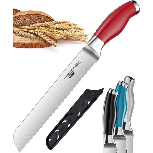 O'Blue Bread Knife Bread Knife Bread Slicer | Blade Length: 7.9 inches (20 cm), From Soft Sandwiches to Hard French Bread, Easy to Clean and Cut with Light Force, All Stainless Steel Hygienic | Safe Protective Cover Included, Dishwasher Safe (Red)