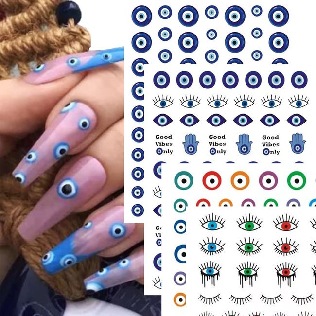 8 Sheets Evil Eye Nail Stickers for Nail Art, High-end Blue Eye 3D Self-Adhesive Nail Slider Decals DIY Supplies French Nail Tattoos for Women Girls Press on Nails Stickers for Nails Art Decorations