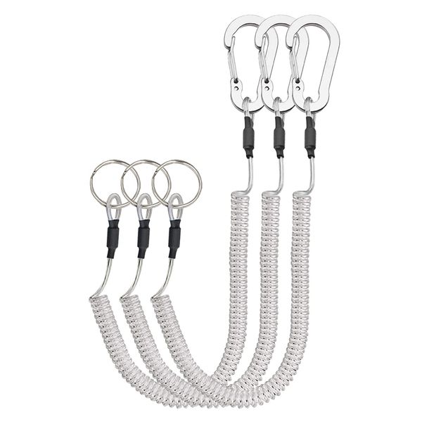 Lix&Rix Wire Spiral Key Chain Clear Curl Cord Silver Carabiner Set of 3