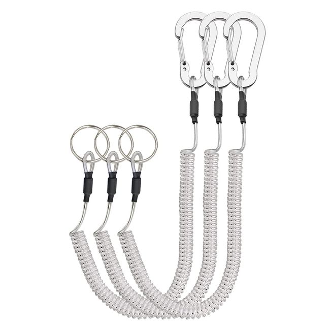 Lix&Rix Wire Spiral Key Chain Clear Curl Cord Silver Carabiner Set of 3