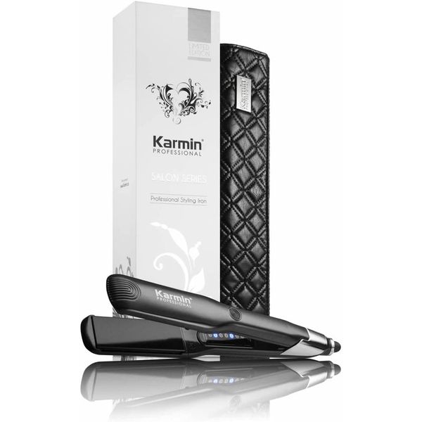 KARMIN Salon Series 1-inch Professional Ceramic Flat Iron Hair Straightener Ionic Hair Straightening Styling Iron, Straighten, Curl, Wave, Dual Voltage, Auto Shut Off, Carry Case/Heat Mat, Black
