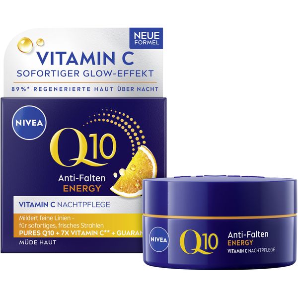 NIVEA Q10 Anti-Falten ENERGY Vitamin C Nachtpflege, feuchtigkeitsspendende Nachtcreme mit Q10, Vitamin C und Guarana-Extrakt, straffende Gesichtspflege für müde Haut (50 ml)