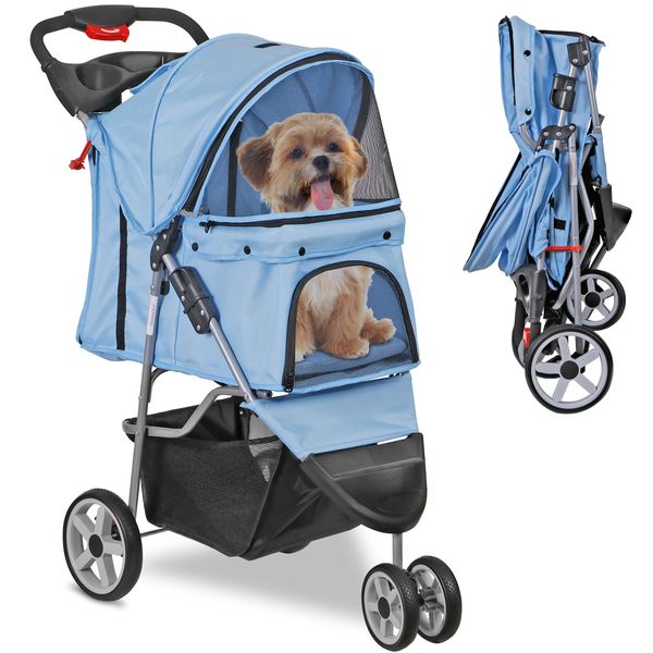 3 Wheels Pet Strolling Cart for Dogs Cats w/ Storage Basket & Cup Holder Blue