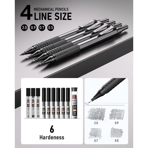 Nicpro 30PCS Black Metal Mechanical Pencils Set in Leather Case, Art Drafting Pencil 0.5, 0.7, 0.9 mm, 2mm Lead Pencil Holders for Sketching Drawing With 16 Tube (6B 4B 2B HB 2H 4H Colors)Lead Refills