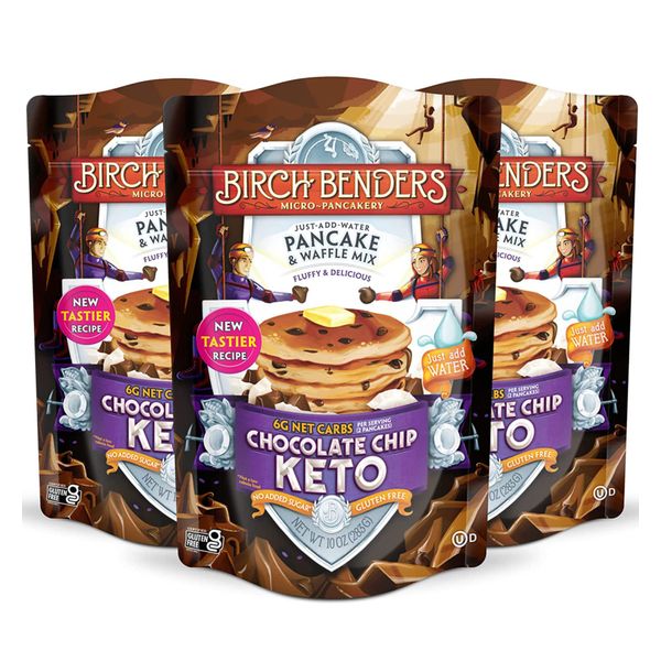 Birch Benders Keto Chocolate Chip Pancake & Waffle Mix with Almond Flour, Just Add Water, 10 Ounce (Pack of 3)