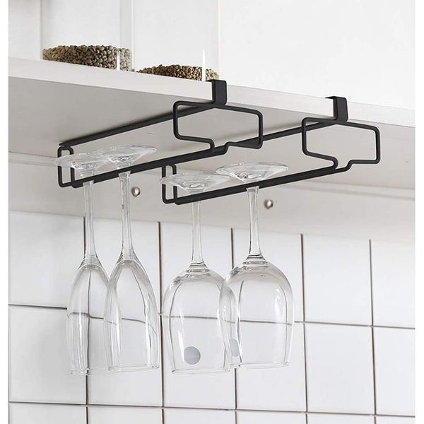 LINFIDITE 2 Pack Wine Glass Holder Stemware Rack Hanger Under Cabinet Wine Glass Rack No Drilling Hanging Champagne Goblets Storage Organiser,Black