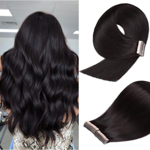 YDDM Tape In Extensions Echthaar 20pcs 50cm 50g Natürliches Schwarz Invisible Tape Extensions Echthaar Extensions Tape Extensions Echthaar Tape Extensions Skin Weft Haarverlängerung(20Zoll,1B#)