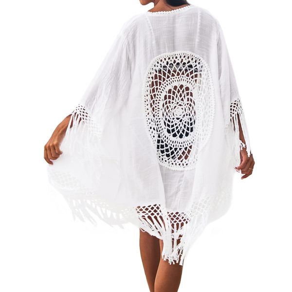 CUPSHE Women's Tassel Long Kimono Cardigans Beach Swimsuit Bikini Cover Up White One Size