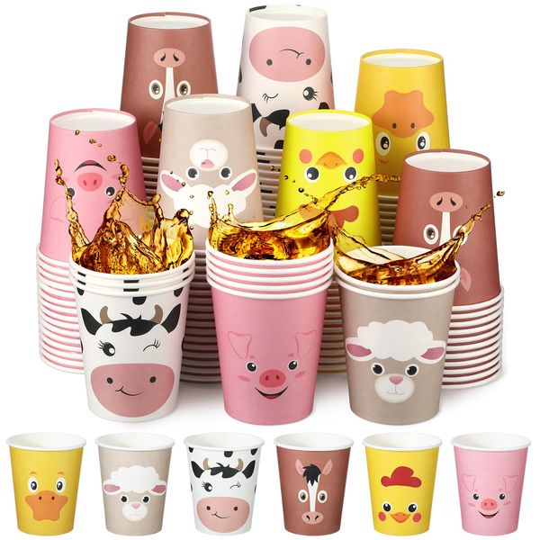 Maxcheck 120 Count Farm Animal Cups Party Paper Cups 9 oz Cute Disposable Drink Cups Pig Sheep Chicken Duck Horse Cow Cups for Farm Birthday Party Supplies Kids Farm Animal Decorations