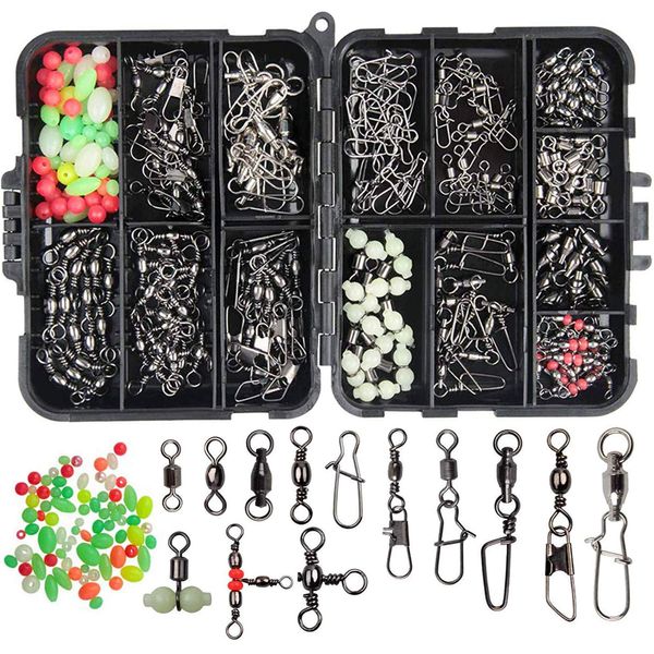 Fishing Swivels Snaps Kit Stainless Steel Barrel Swivel, Snap Swivels, Fishing Beads, 3 Way Swivel, Ball Bearing Swivel for Freshwater Saltwater Fishing Accessories Tackle Box (170pcs Swivels Kit)