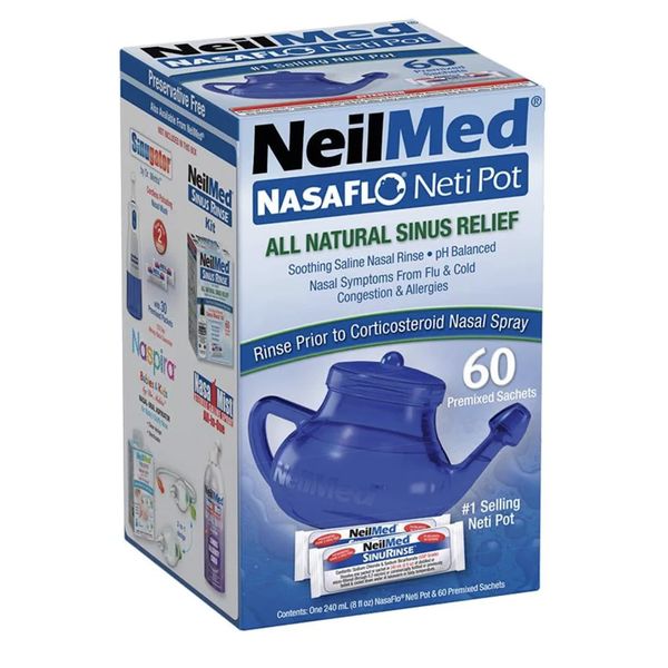 NeilMed NasaFlo Unbreakable Neti Pot with 60 Premixed Packets