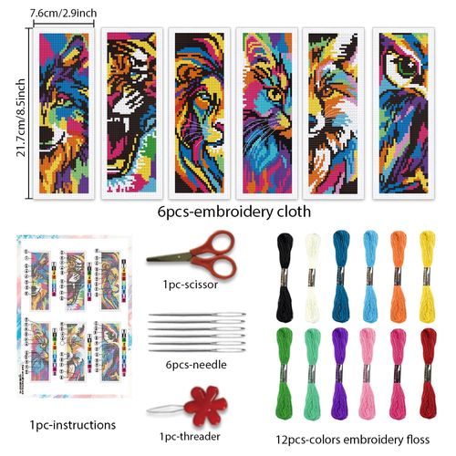 BEUNITONE 6 Pcs Cute Animals Cross Stitch Bookmark Kit for Beginner Cats Stamped Bookmarks Cross Stitch Kits with Instruction DIY Embroidery Bookmarks Cross Stitch Kits for DIY Crafts 8.5''x3''