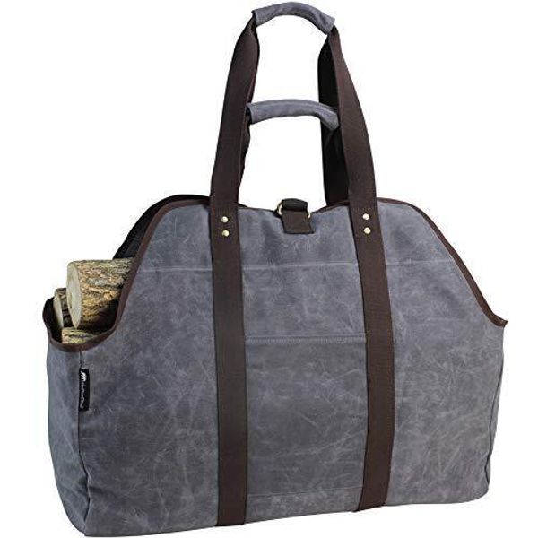 MYFIREPLACEDIRECT Waxed Canvas Log Carrier Tote Bag, Extra Large Durable Grey