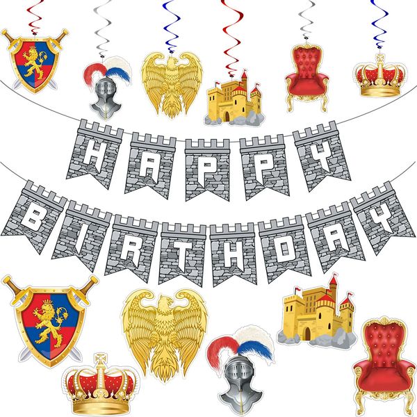 25 Pieces Medieval Birthday Banner Medieval Castle Party Supplies Knight Birthday Decorations Medieval Whirls Hanging Decorations Stone Wall Shield Armour Shield for Medieval Birthday Party Supplies