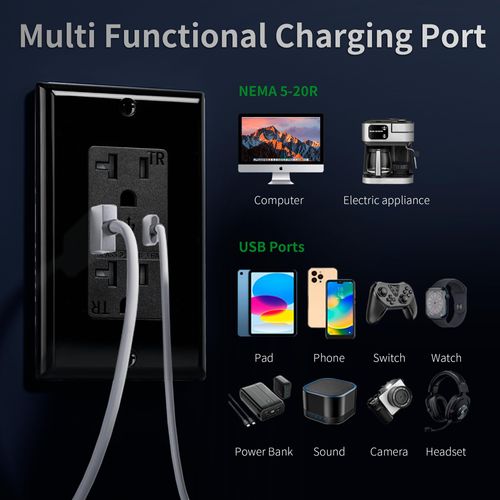 USB Charger Outlet/Duplex Receptacle, Tamper Resistant, 3.6A 5V DC Type A Type C,20A 120V AC, UL & CUL Listed, with Wall Plate,Black
