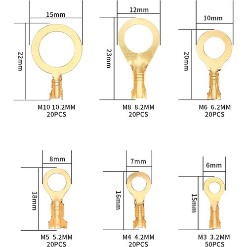 QOOSIKICC 160 Pcs Copper Ring Terminals, M3/M4/M5/M6/M8/M10 Brass Wire Connectors, Open Barrel Wire Ring Cable Lugs Crimp Kit, Brass Copper Ring Crimp Cable Terminals Electrical Terminals Kit