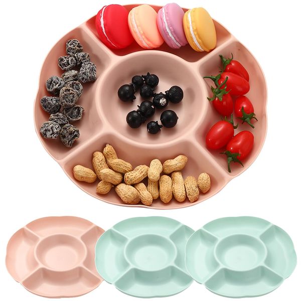 SacJkt Serving Platter, Snack Tray with 5 Compartments, Pack of 4 Serving Tray, Serving Platters for Parties, Plastic Snack Plate for Fruit, Candy, Nuts, Desserts (Pink+Green)