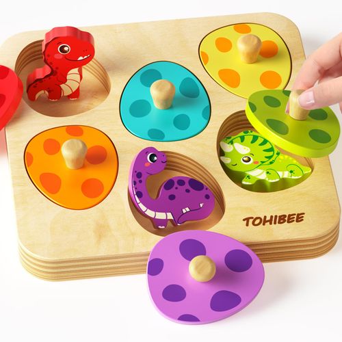 TOHIBEE Wooden Puzzles Montessori Toys for Toddlers 1-3, Dinosaur Eggs Peg Puzzles, Preschool Education Learning Toys for Boys and Girls, 6 Brightly Color Cute Dinosaur Shapes