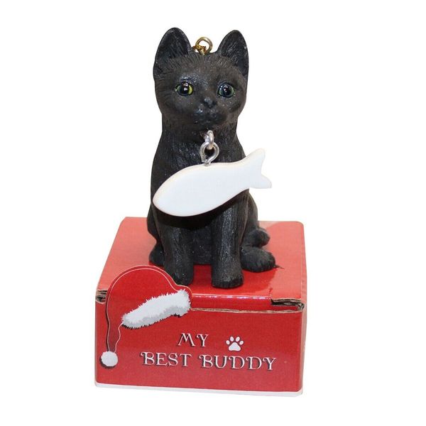 BLACK CAT Statue with Bone on Box Base Christmas Ornament by E&S Pets