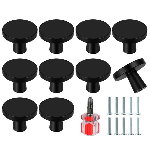 Ainiv 10 PCS Black Cabinet Knobs, 30mm Round Drawer Knobs, Mushroom Dresser Handle, Single Hole Cupboard Handle, Aluminum Alloy Cabinet Knobs with Screws for Kitchen Wardrobes Bathroom Home Decoration