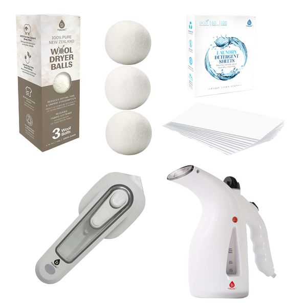 Travel Laundry Essentials Set: Garment Steamer, Mini Iron, Eco-Friendly Laundry Sheets, and Wool Dryer Balls