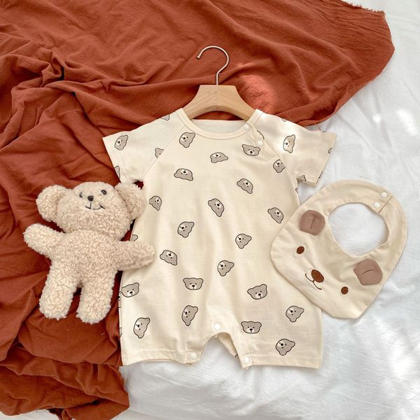 Baby Bear Pattern Removable Drooling Towel Summer Romper - 66 (3-6M) / Brown