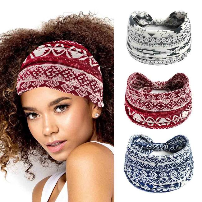 Zoestar Boho breite Stirnbänder, rote Yoga-Kopf-Schals, geknotet, Turban-Haarbänder, dick, elastisch, Vintage-Stil, stilvolles Hiar-Zubehör für Frauen und Mädchen (3 Stück)