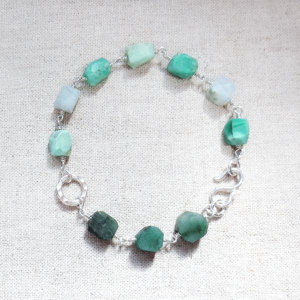 Chrysoprase Burdite Rough Cut Raw Stone Silver Bracelet