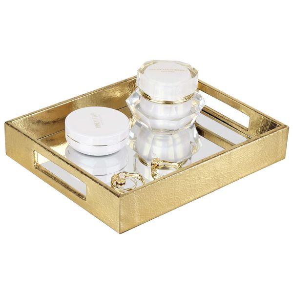 Vixdonos Decorative Mirror Tray,Gold Vanity Tray,Leather Catchall Organizer for Makeup,Perfume and Cosmetic on Dresser or Coffee Table(Small, Gold)