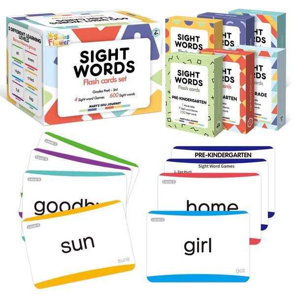 Springflower 600 Sight Words Flash Cards, Dolch & Fry High Frequency Flash Cards for Kindergarten Homeschool Supplies, Games for Kids Pre-K, 1st, 2nd, 3rd Grade